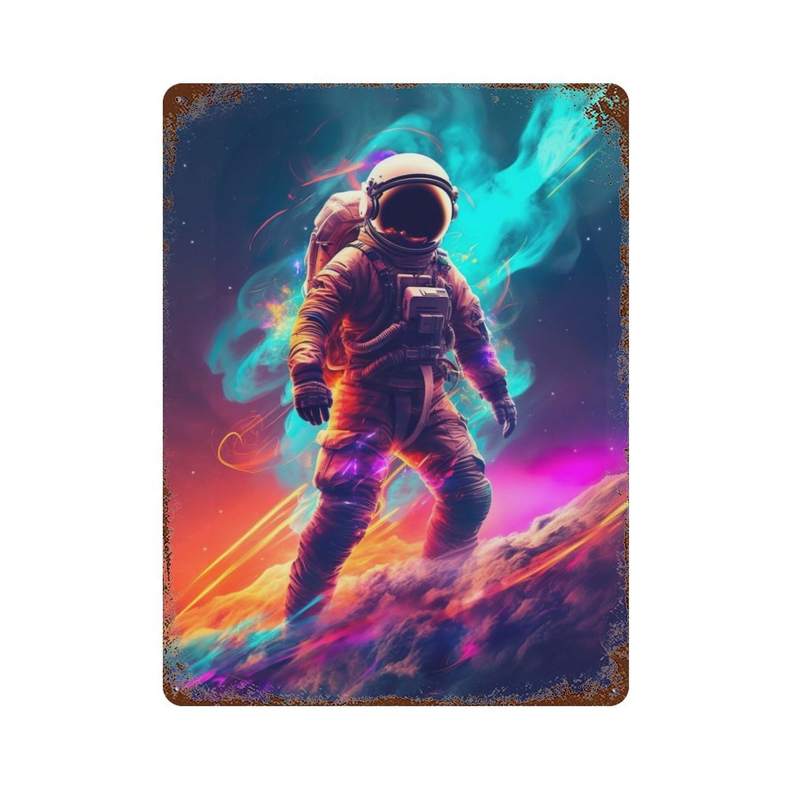 Vintage Rust Metal Sign with Space Flames Astronaut Design 15.7"x11.8", for Garage, Bar And Workshop Decor, Retro Wall Decor