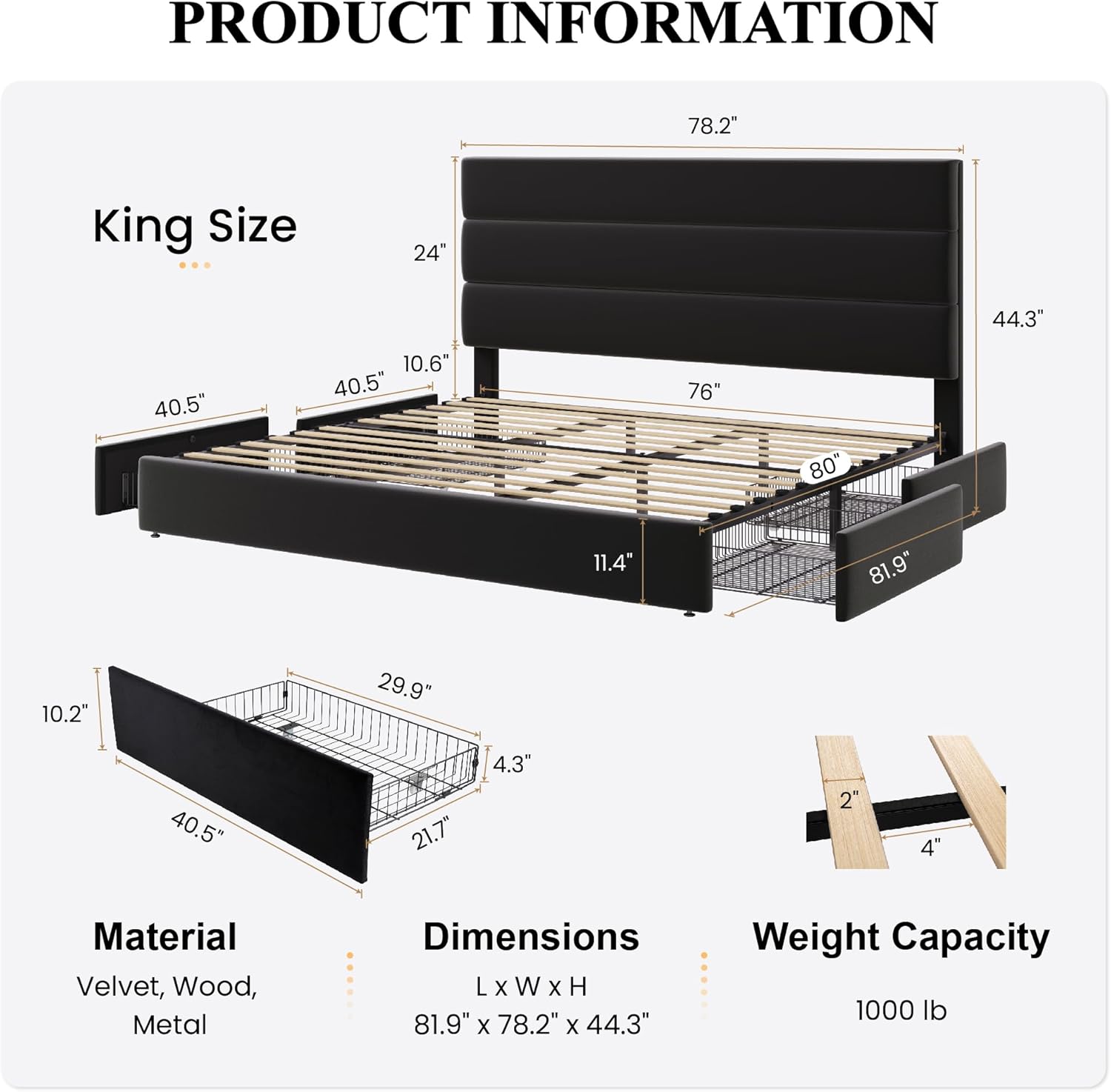 SHA CERLIN King Size Platform Bed Frame with 4 Storage Drawers, Velvet Upholstered Headboard, Mattress Foundation with Wooden Slats Support, No Box Spring Needed, Easy Assembly, Black