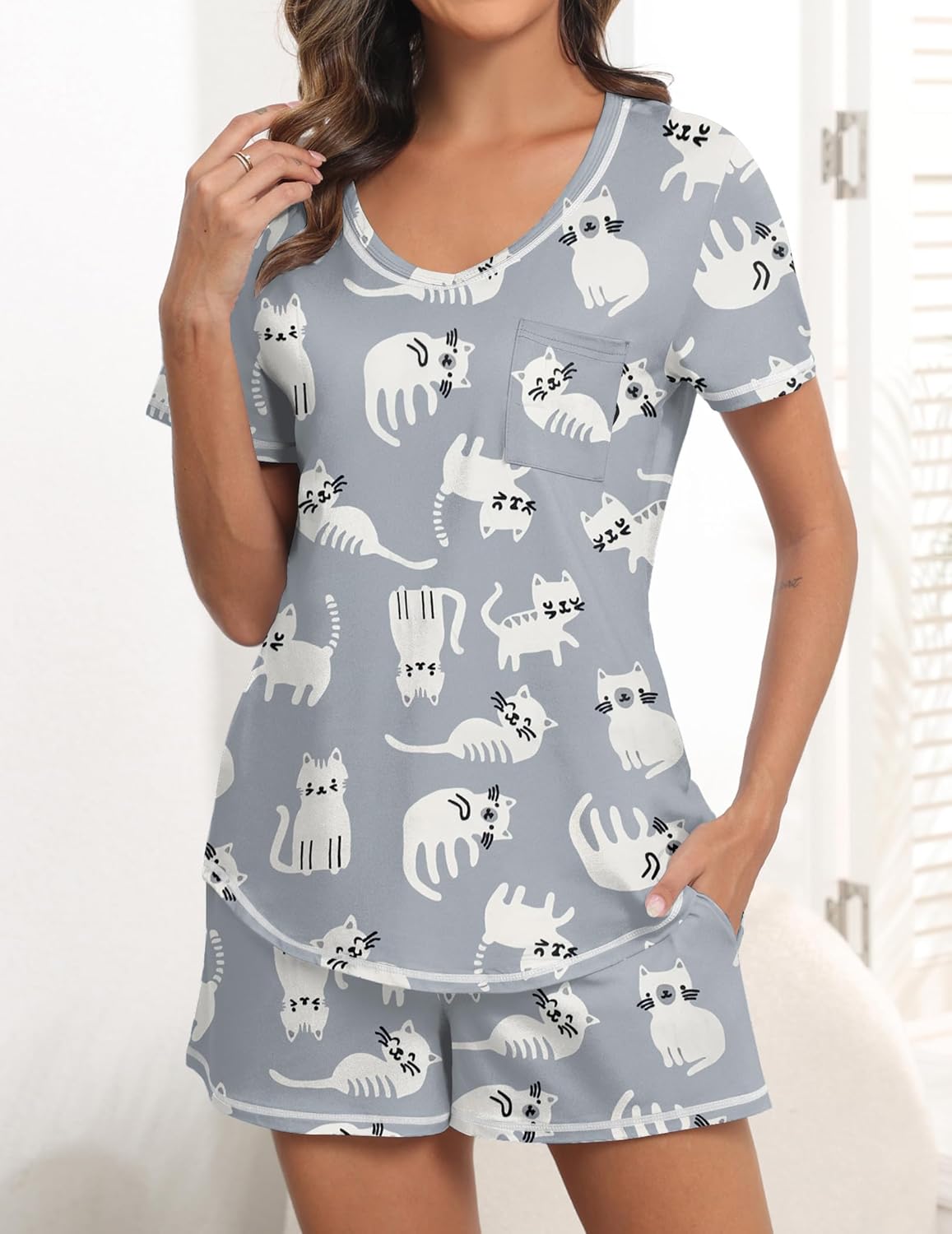 Ekouaer Women's Pajamas Sets Short Sleeve Lounge Sets Sleepwear Casual Two Piece Pjs With Pockets - Image 3