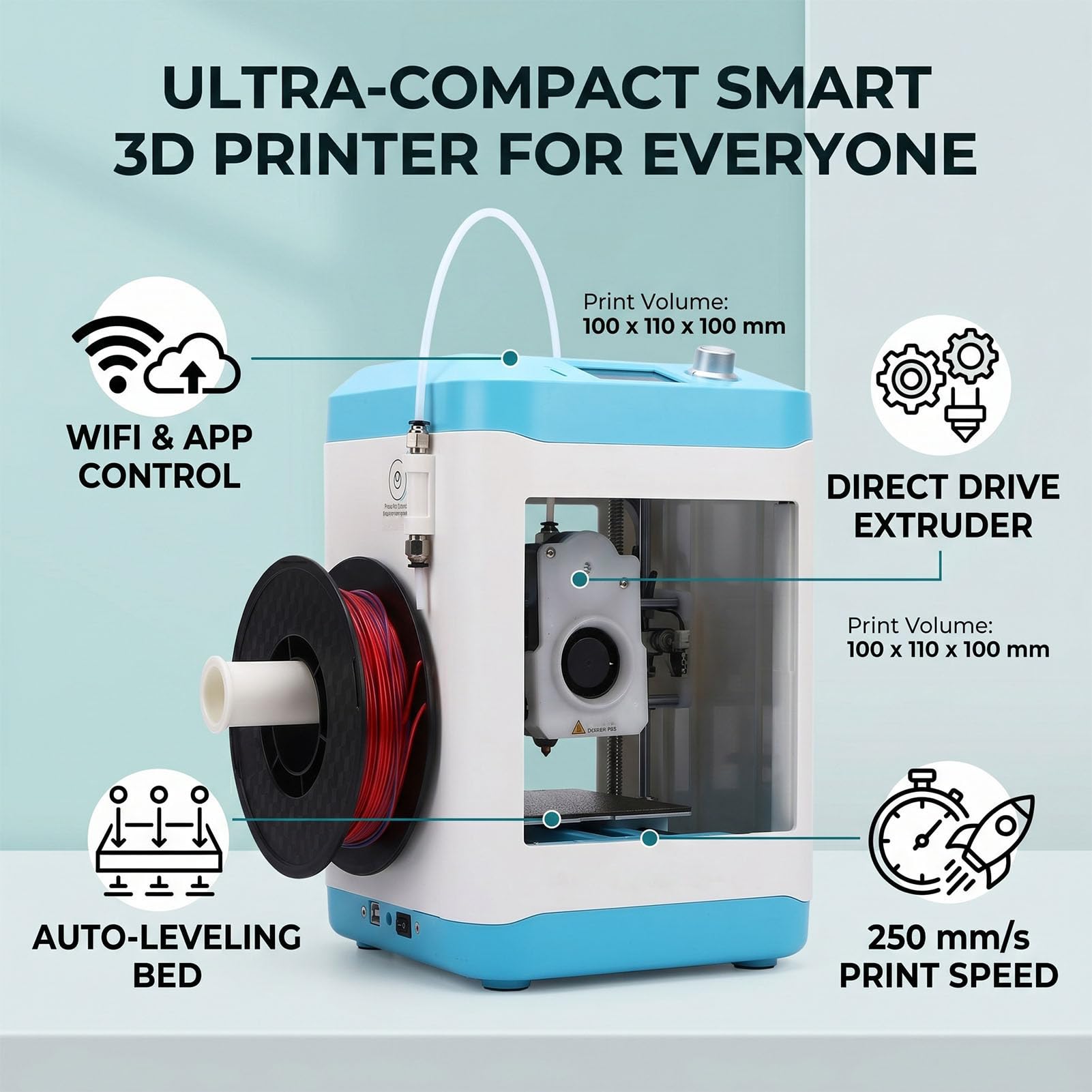 AMONIDA Stampante 3d da Tavolo per Progetti Scolastici Casa E Prototipazione in Ufficio Controllo Tramite App WIFI Livellamento Automatico Stampa Veloce 250MM & S Silenziosa (Spina europea)