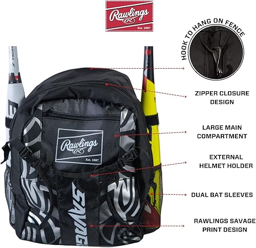 Miniatura 5 de Rawlings Mochila Savage, bolsa de equipo  T-Ballbéisbol juvenil y sóftbol  Múltiples estilos