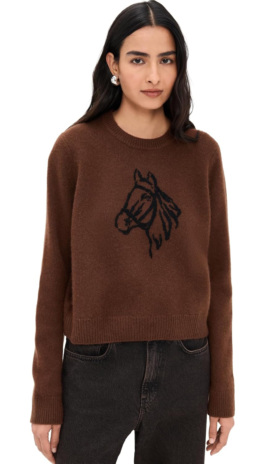 White Warren Womens Cashmere Blend Horse Embroidered Crew Sweater