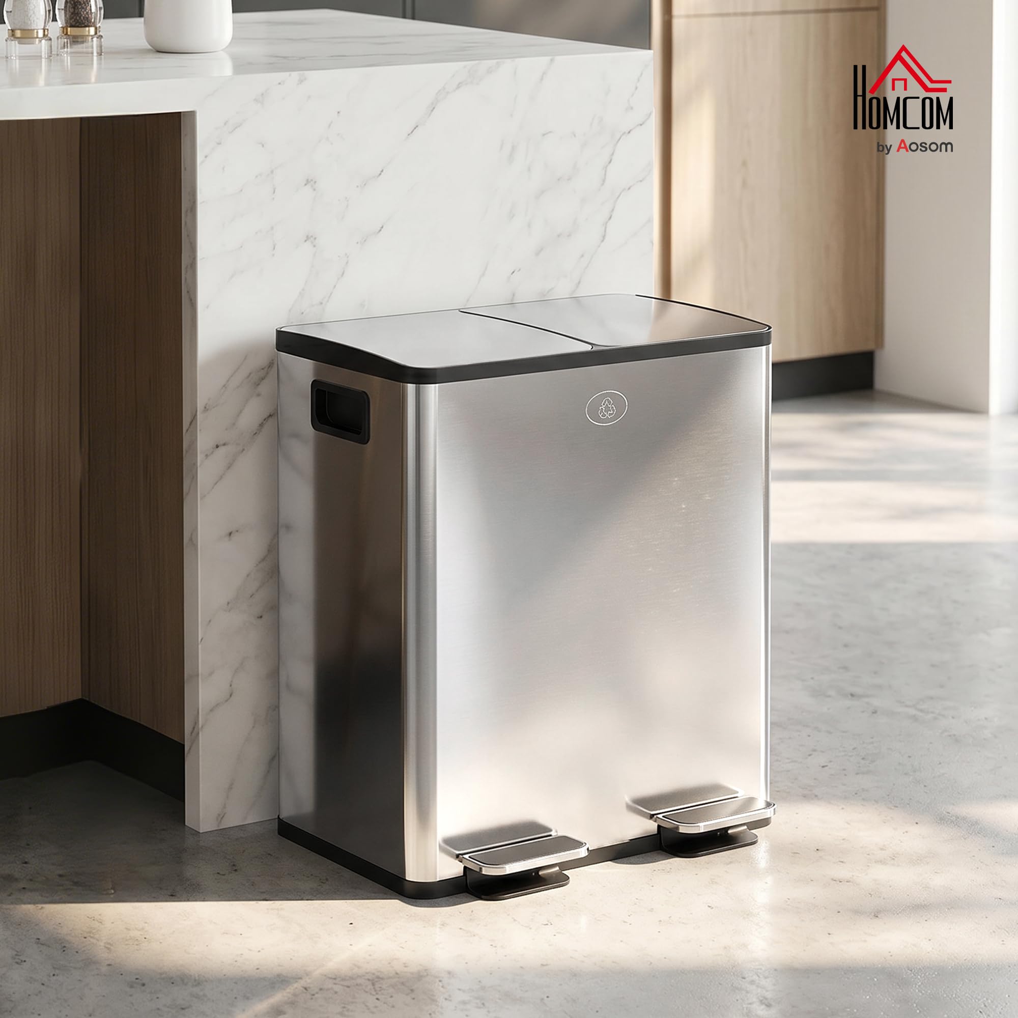 HOMCOM Mülleimer aus Edelstahl mit Softclose Deckel, 2 x 20L Silber | Abfalleimer, Mülltrennsystem, Herausnehmbare Inneneimer, Deodorant-Fächern, Treteimer für Wohnung