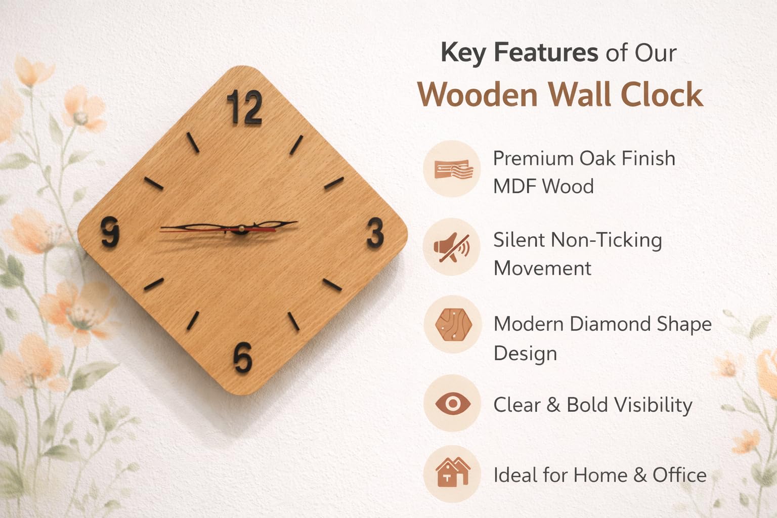 SKYVILLA™ Large Wooden Wall Clock | Modern Diamond Shape Silent Analog Clock for Living Room | MDF Oak Finish Decorative Wall Clock for Home & Office 12x12 Inch 1