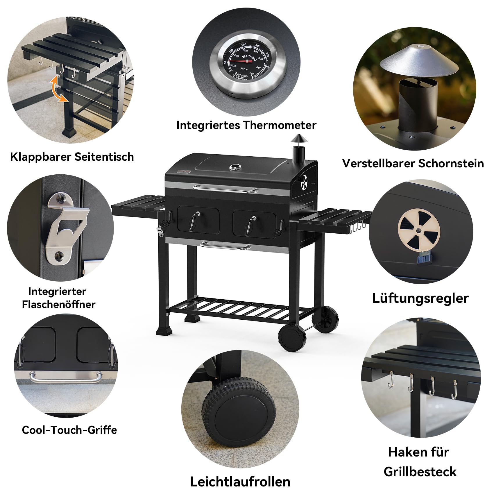 onlyfire Holzkohlegrill mit Deckel, Grill Grillwagen BBQ Smoker mit Rädern, Edelstahl Grillrost, Abdeckungen und Verstellbarer Kohlewanne, Großer Grill Holzkohle für Party, Camping