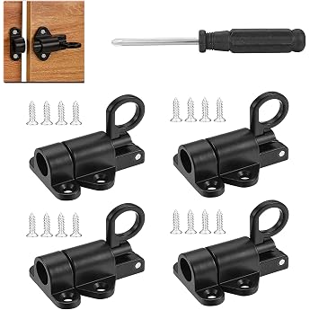 Pack of 4 Automatic Door Bolt Black Spring Lock with Screw Slide Bolt Locking Spring Bounce Door Screw for Windows Wooden Doors Cabinet Doors Black