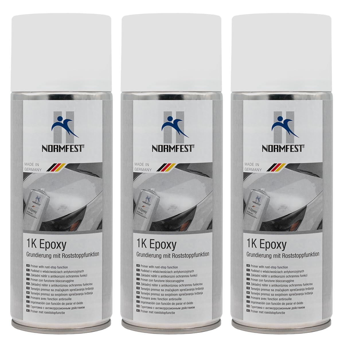 Normfest 1K Epoxy Grundierung Weiß – Rostschutz & Haftvermittler für Stahl, Aluminium & verzinkte Flächen – schnelltrock., schleifbar & überlackierbar – professioneller Korrosionsschutz – 3x 400 ml