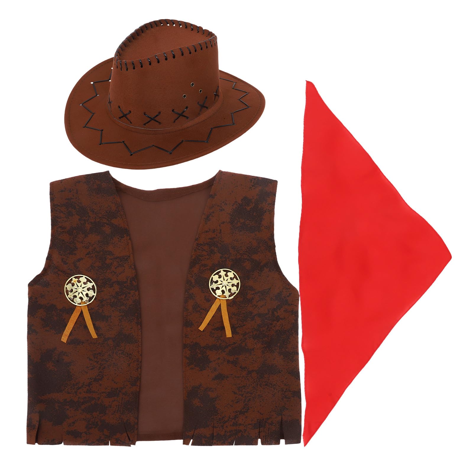 BESPORTBLE Dziecięcy kostium kowbojski, western, kowbojski, zestaw, kamizelka, czapka, chusta na szyję na Halloween, karnawał, imprezę przebieraną, brązowy, rozmiar M (115-130 cm)