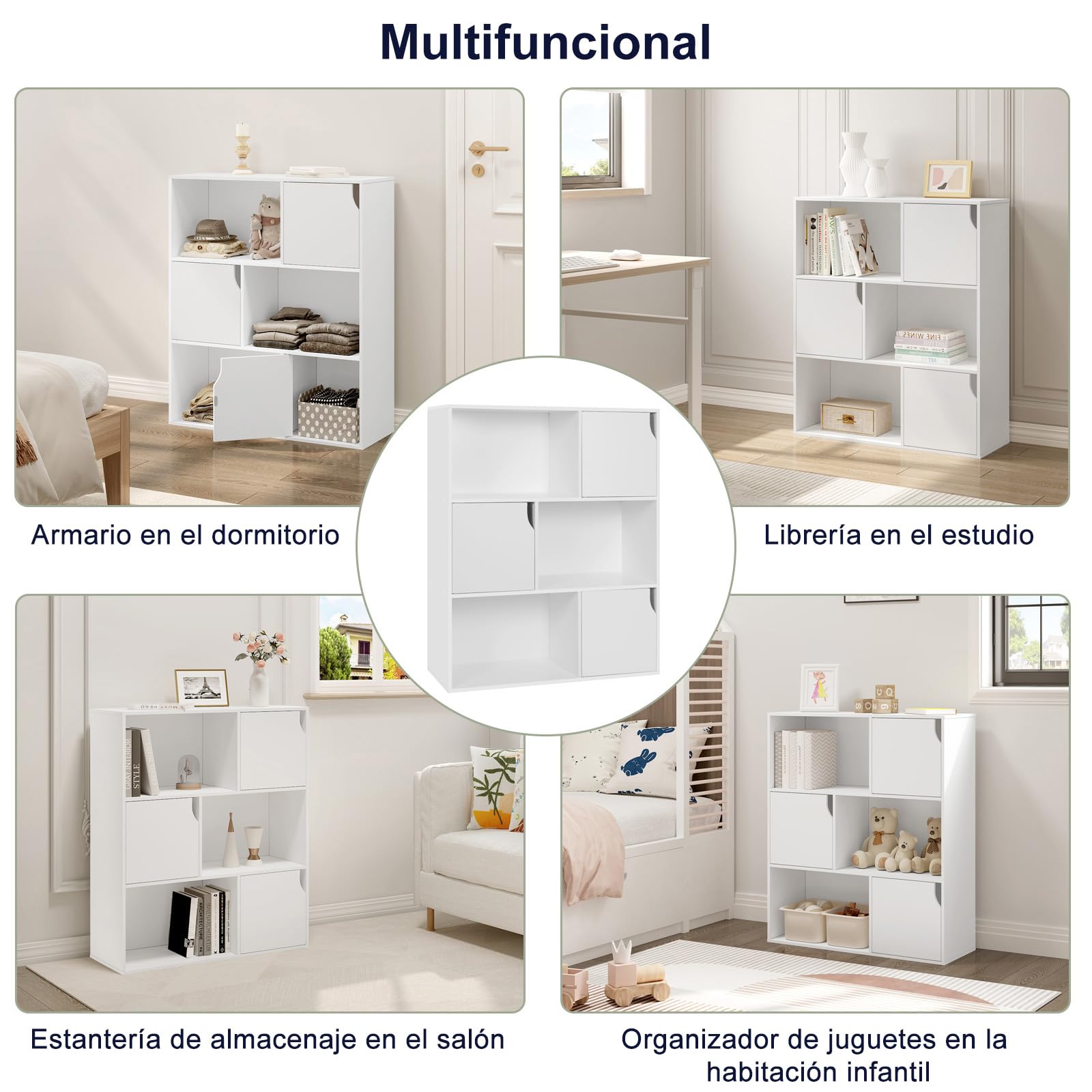 eSituro Libreria de 3 Niveles, Estanteria Almacenaje con 6 Compartimentos | Con Puertas, Organizador de Libros y Juguetes para Dormitorio, Oficina o Estudio, 80x30x96 cm, Blanco, SBKC0050