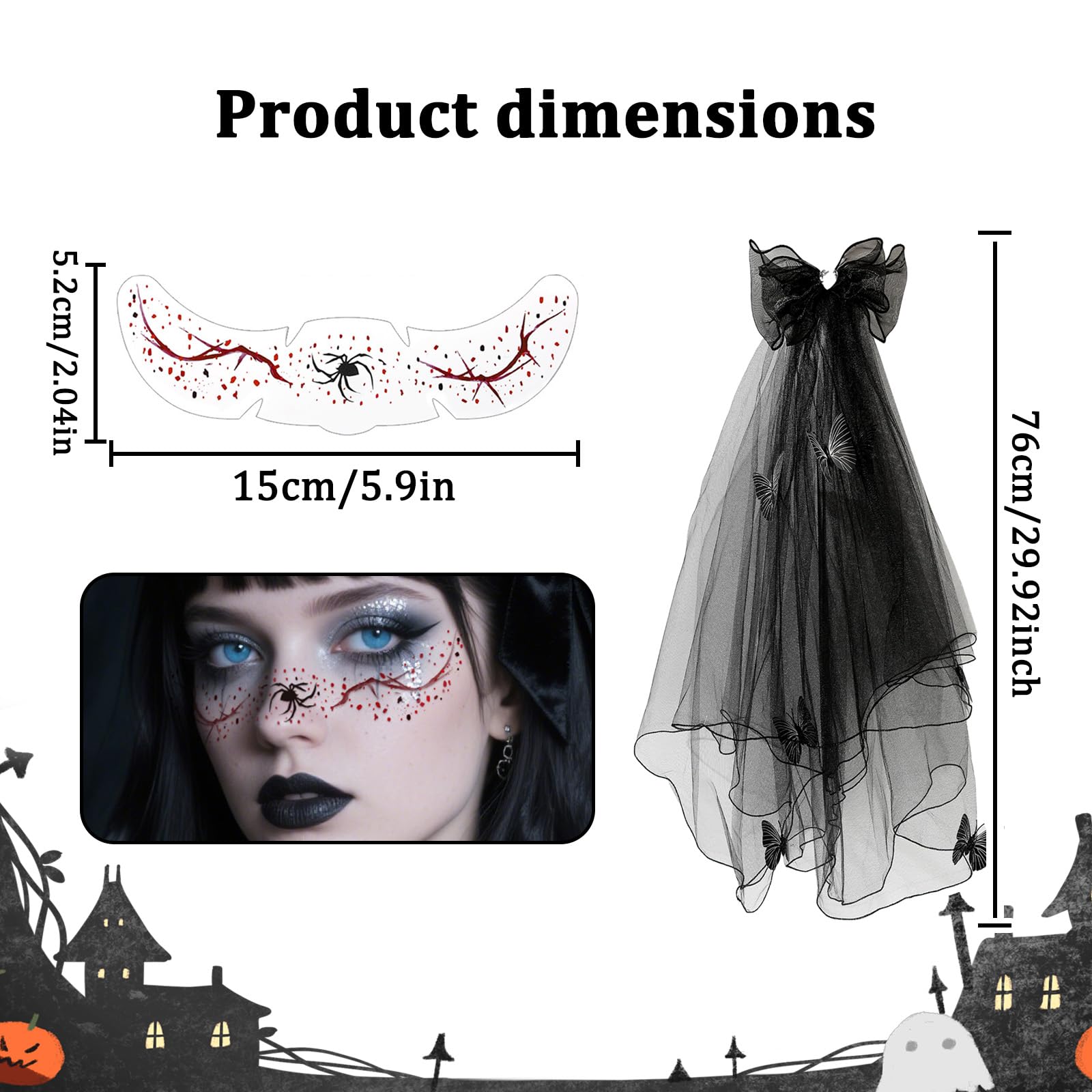 FOSDICK Halloween Day of the Dead Headband Veil, Women Halloween Costume, Black Butterfly Veil With Hairclip - Image 2