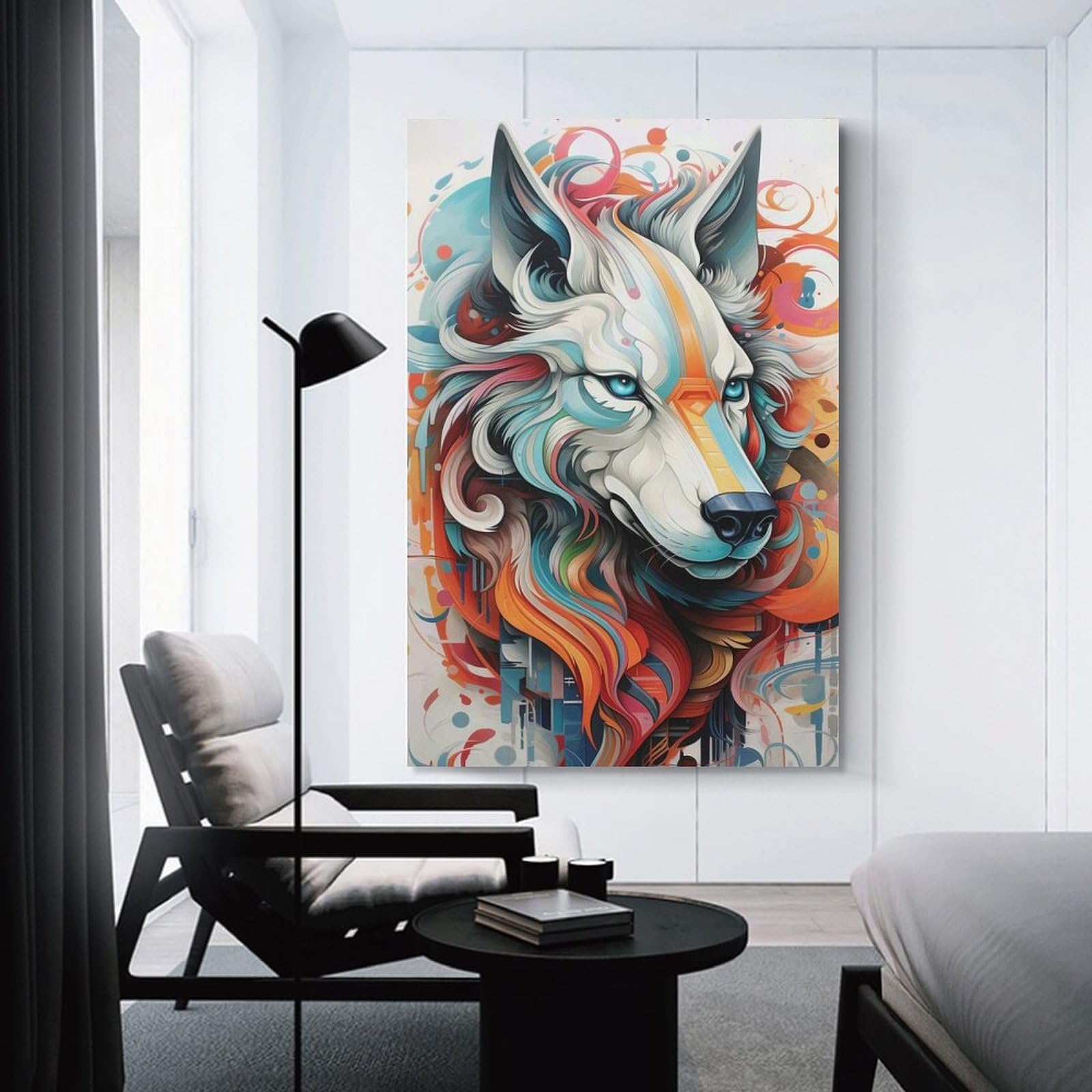 Junmoney Colorful Abstract Wolf Portrait Wall Picture Print 24x36inch(60x90cm), for Home Walls, Creative Rooms Or Shared Spaces, Stylish Home Artwork for Focal Walls