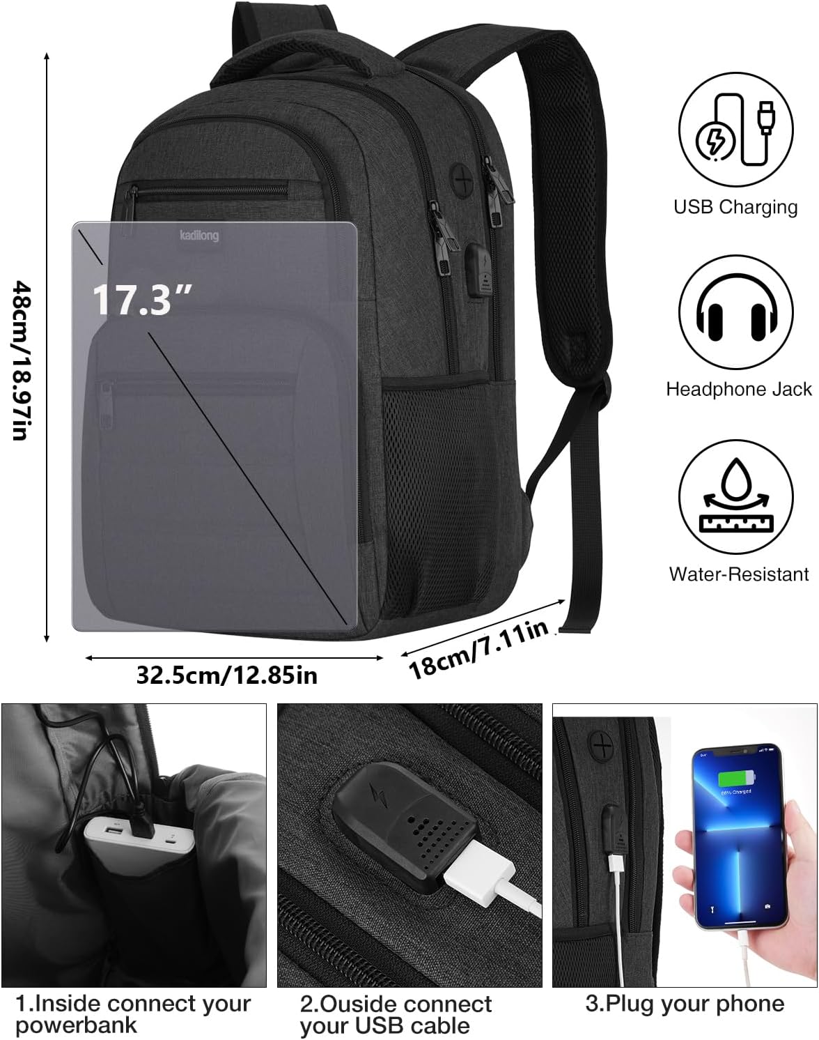 17.3 Inch Backpack for Men,Book Bag School Backpacks for Teen Boys with USB Charger,Back Pack Bagpack Mochilas for Workout Business College High School Schooler,Black