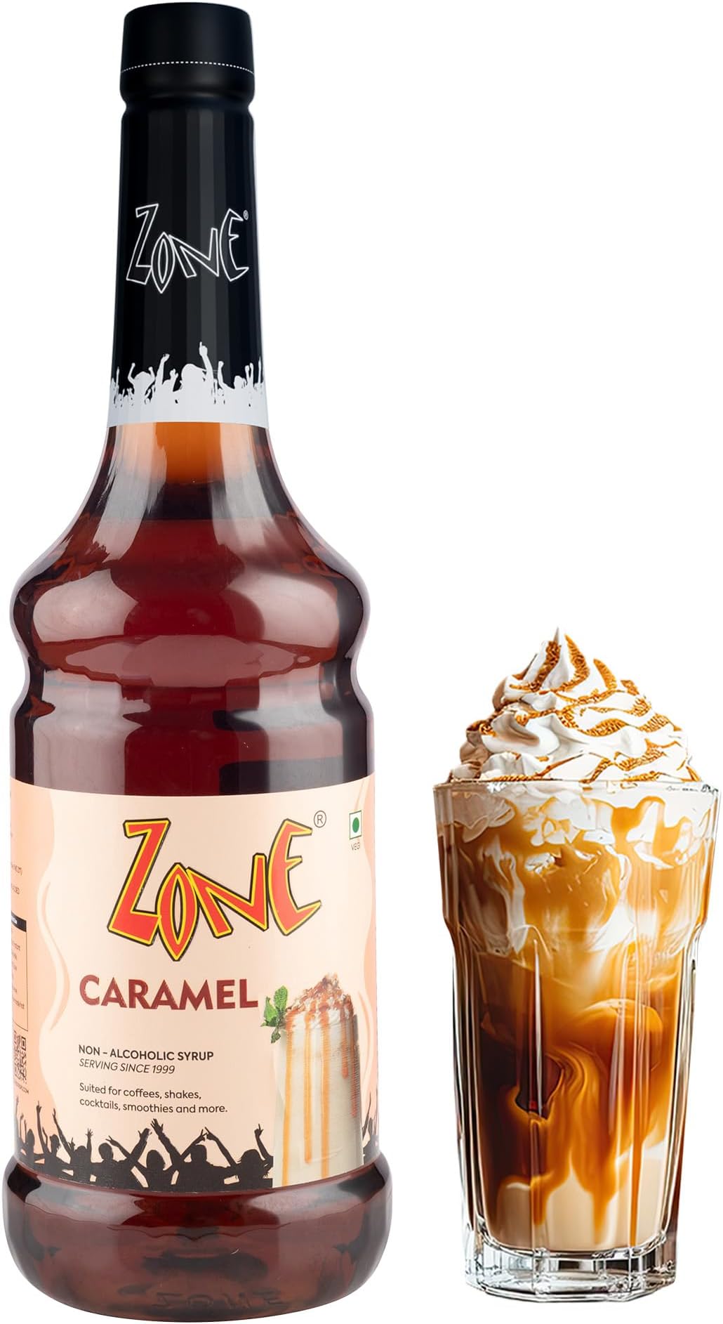 Zone Caramel Flavoured syrup Perfect For Rich Coffee Syrup & Drink Mixer for Lattes, Cappuccinos, Frappes, Cocktails, Mocktails, Milkshakes, Smoothies & Desserts | Premium Bar Syrup 1 Litre (1000ml)
