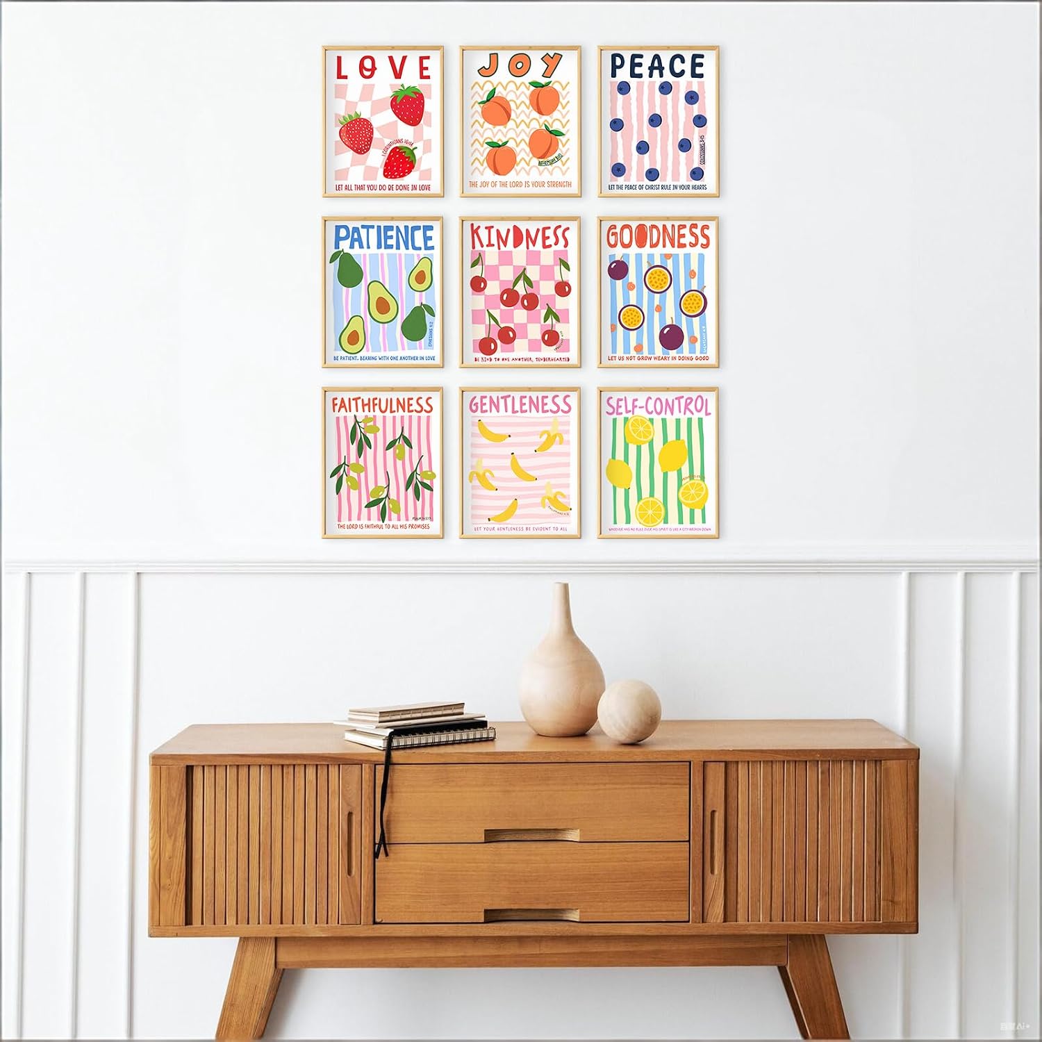 Fruit of the Spirit Wall Art Christian Bible Verse Canvas Wall Decor Inspirational Religious Quote Poster Prints Artwork Painting for Classroom School Nursery Kids Bedroom 12x16 In Unframed Set of 9
