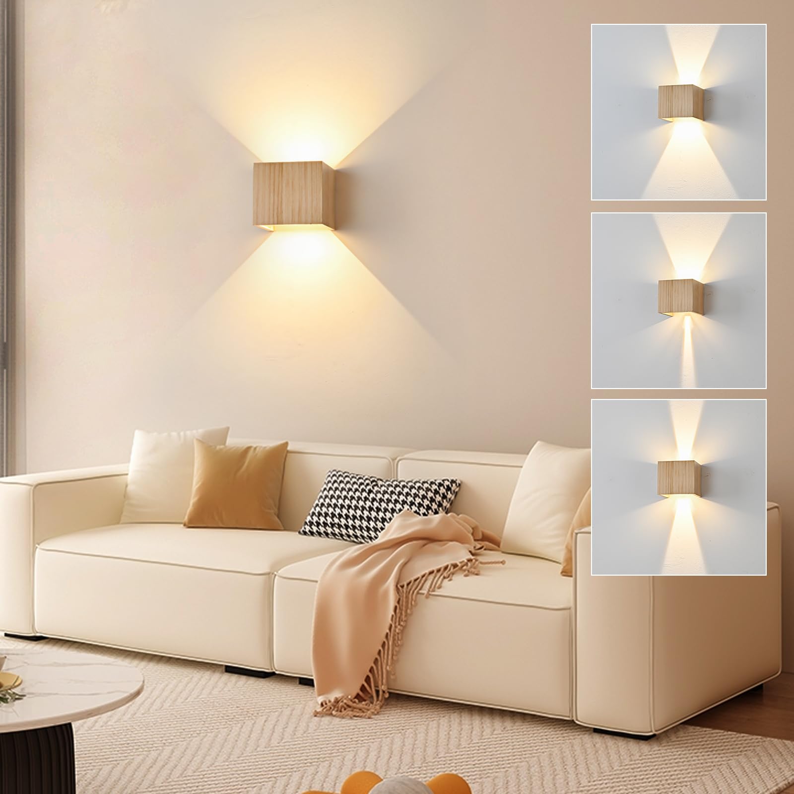 LED Wandleuchte Innen Holz Wandlampe, Dimmbar Wandleuchte Holz Vintage 6W LED Wand 3000K/4000K/6000K Weiß Up Down Flurlampe Einstellbar Abstrahlwinkel Holzlampe für Wohnzimmer Flur, 2PCS