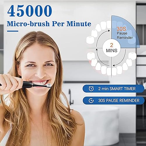 Miniatura 7 de Paquete de 2 cepillos de dientes eléctricos con 8 cabezales de cepillo, IPX7 resistente al agua, 6 modos, 42000 vpm con temporizadores inteligentes,