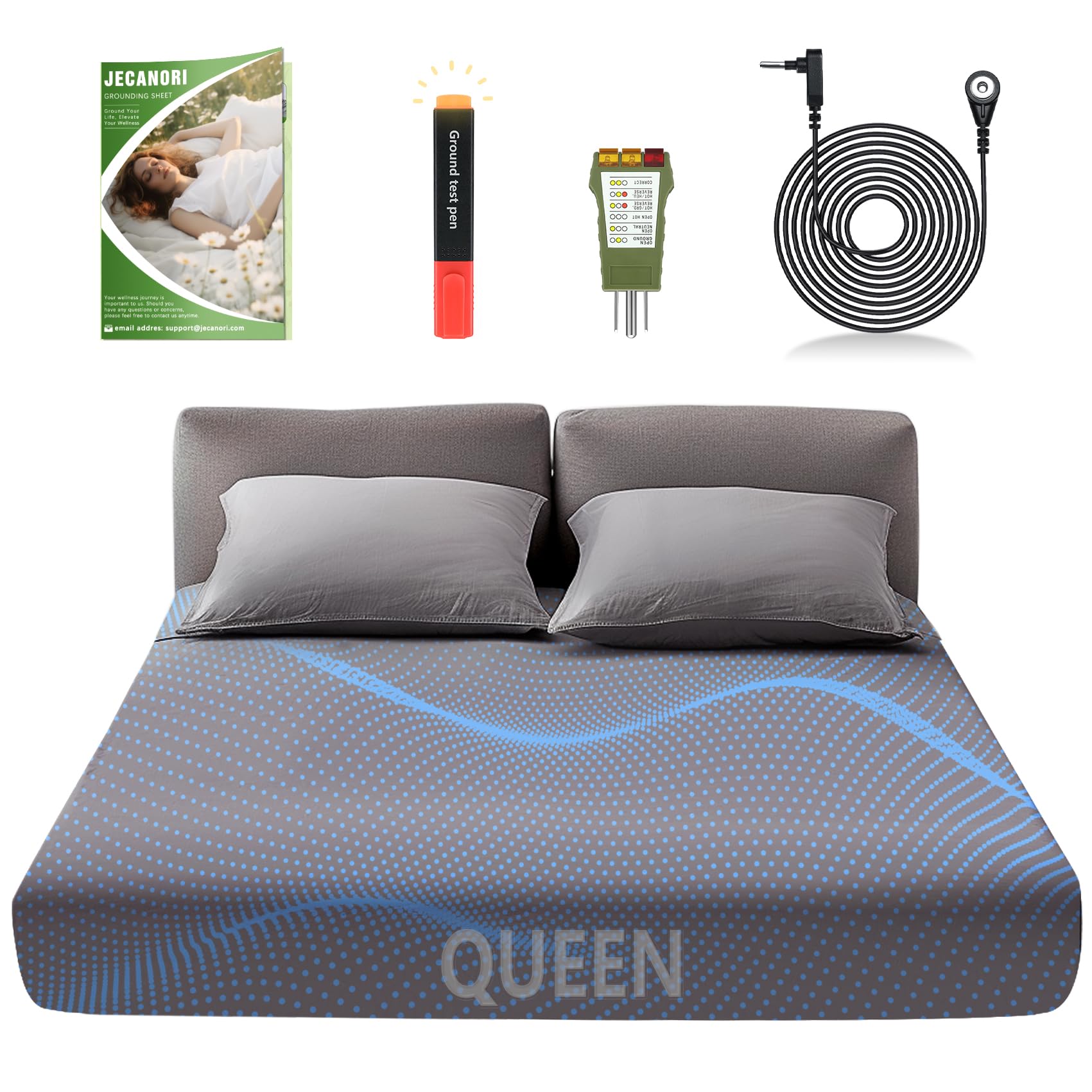 Jecanori Grounding Sheet Queen Size, Earthing Grounded Fitted Bed Sheet, 95% Organic Cotton + 5% Pure Silver Fiber, Bed Grounding Kit with grounding Cord & Tester, for Improved Sleep & Wellness