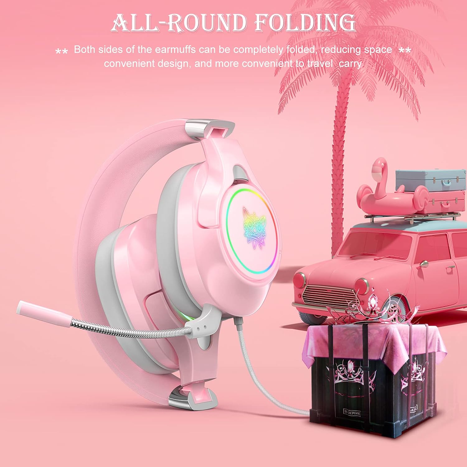 HOLULU Foldable Pink Gaming Headset Compatible with PS5 PS4 PC Mobile Phone Tablet Xbox One(Adapter Not Included), with Detachable Noise Canceling Mic, Surround Sound, RGB Light, 3.5mm & USB C Plug : Video Games
