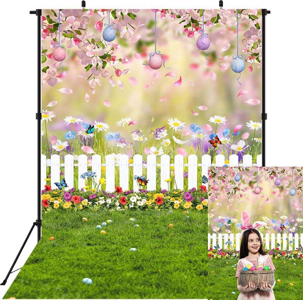 5x7ft Spring Easter Backdrop Pink Flower Butterfly Photography Background Easter Green Lawn Fence Colorful Eggs Decoration Banner for Kids Baby Shower Birthday Party Photoshoot Props