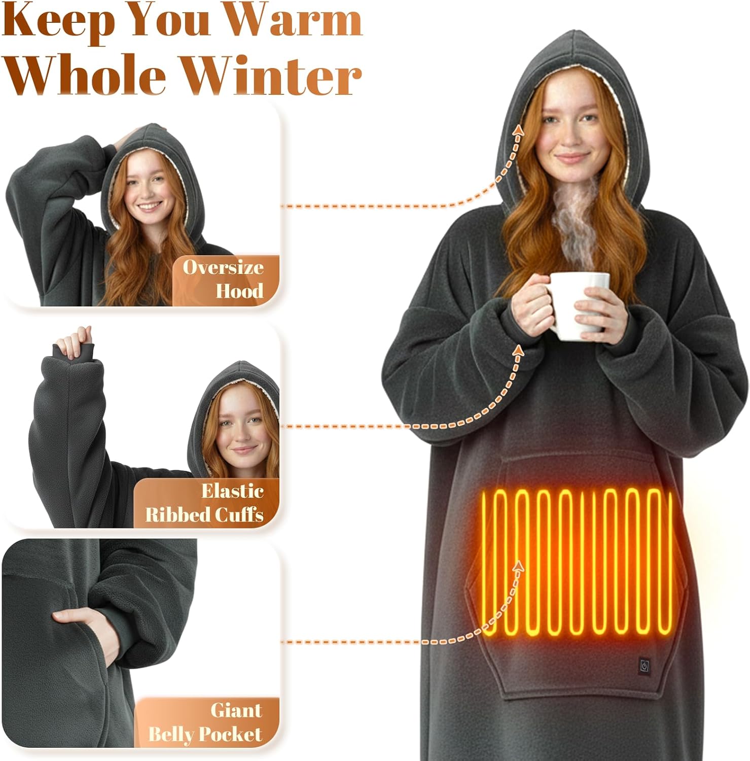 Dark Grey Wearable Heated Blanket Hoodie, Flannel & Sherpa USB Heated Hooded Blanket, Oversized Hoodie Sweatshirt with Pocket, 3 Heating Levels for Man Women Christmas Birthday Gifts, No Battery Bank - Image 4