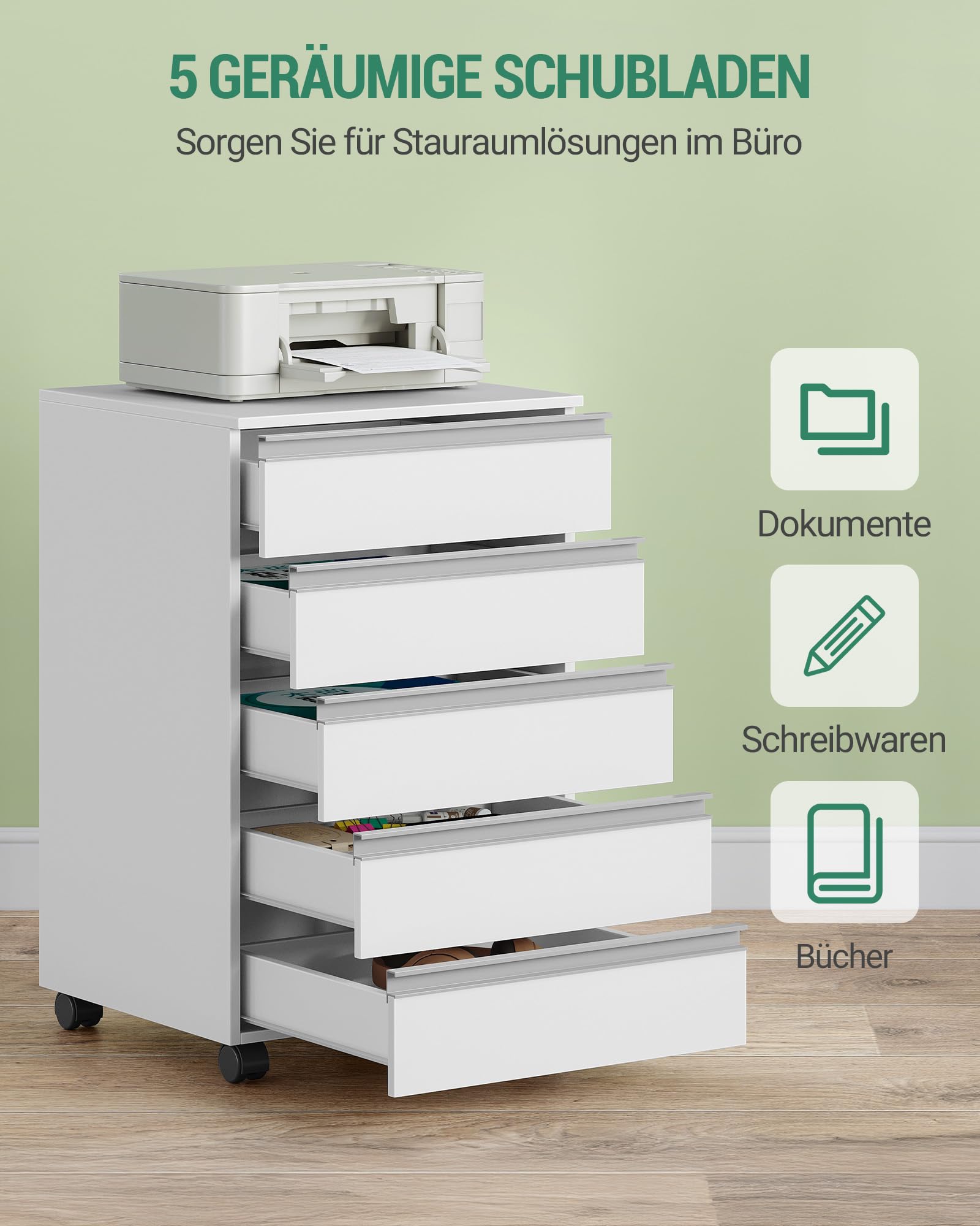 Hzuaneri Rollcontainer, mobiler Aktenschrank, Schubladenschrank mit 5 Schubladen, Lagerschrank für Büro und Homeoffice, Weiß 40 x 40 x 70 cm FC55503X