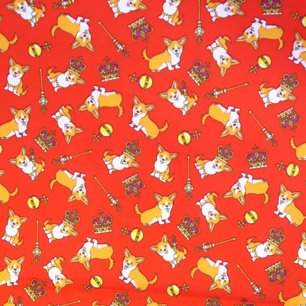 Oh Sew Crafty Limited Red Polycotton Fabric Kings Royal Crown Corgi Dogs Sold Per Length (Red)