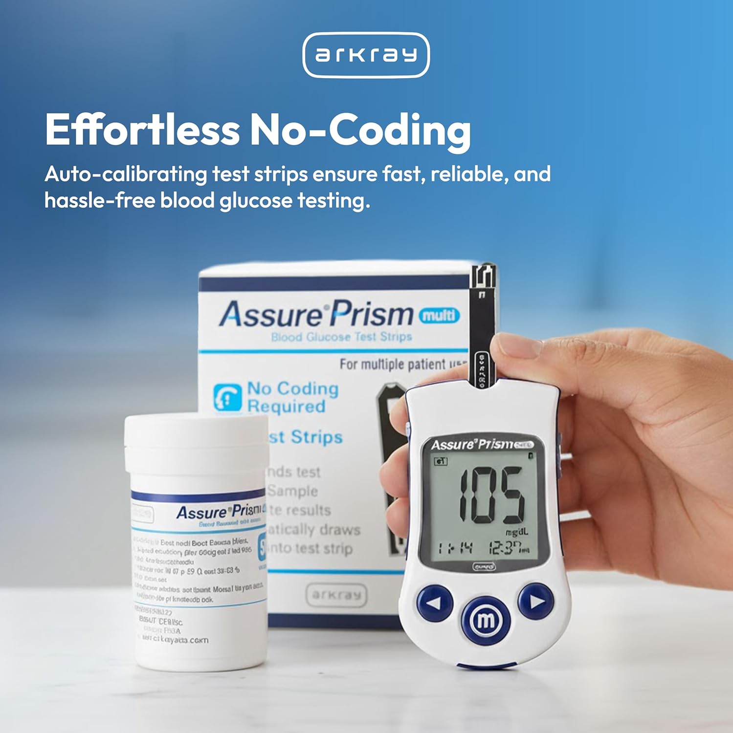 Assure Prism Multi meter with a test strip inserted, displaying a blood glucose reading