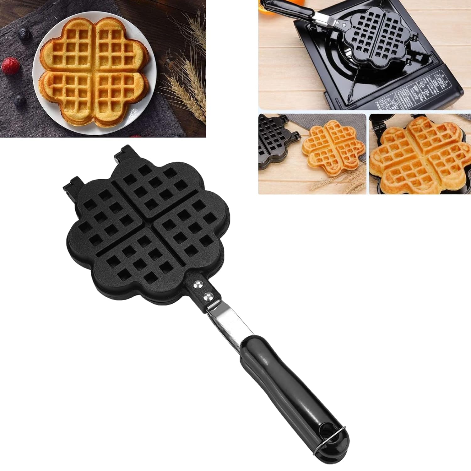 Heart Shape Non Stick Waffle Maker Machine with Comfortable Handle for Kitchen Gas Stove Waffle Maker Pan Press Plate Cooking Baking Tool with Long Handle, Low Power Consumption