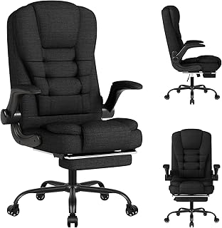 Chaise Bureau Ergonomique, Fauteuil de Bureau Pivotant, Accoudoirs Ajustables, Fauteuil de Bureau avec Repose-Pieds Télescopique, Hauteur Réglable avec Large Assise Rembourrée Chaise Gaming, Noir