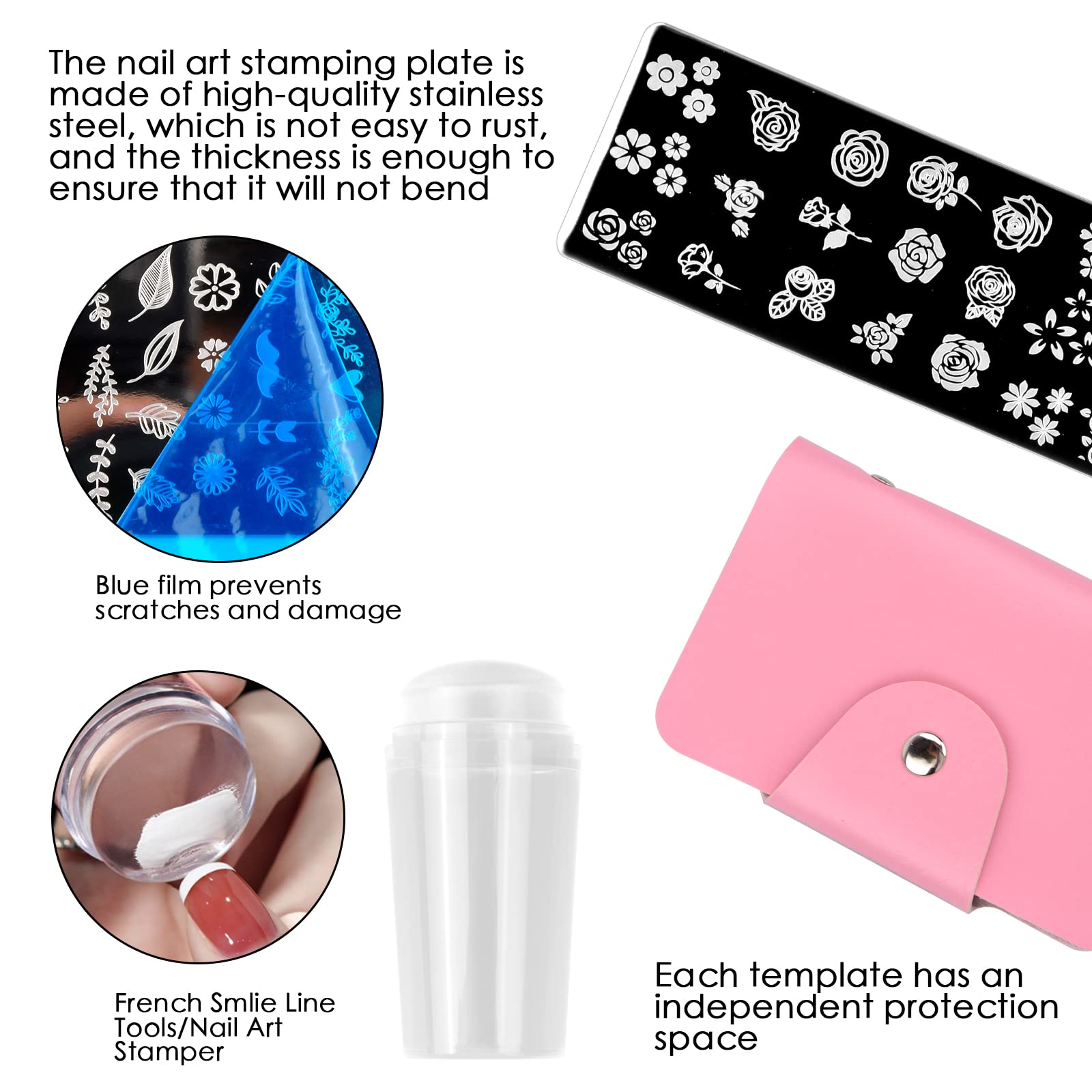 Nail Art Stamping Kit Plantillas para Uñas con Bolso Placas Sello Raspador Silicona