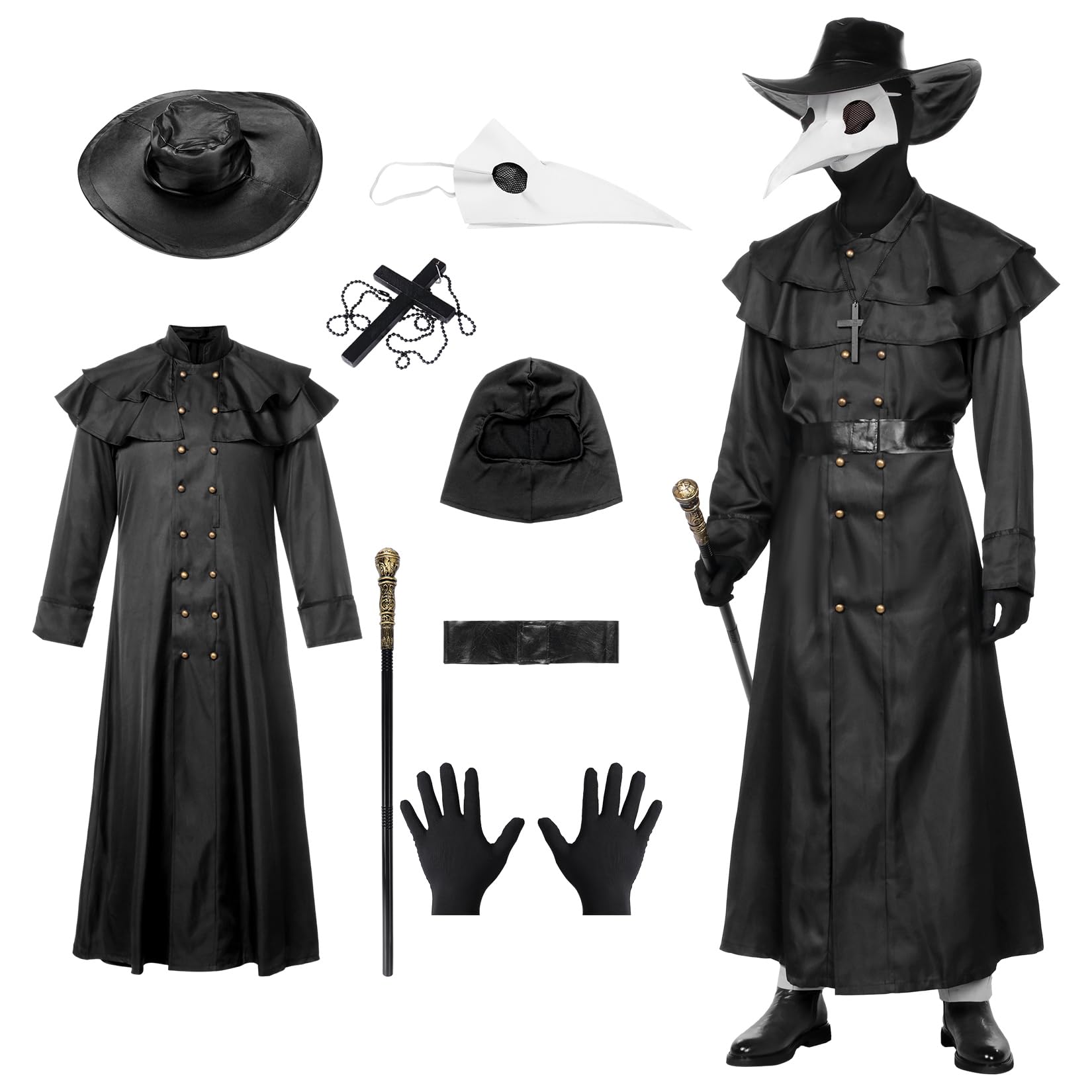 Angenster Plague Doctor Costume - Robe, Mask, Scepter, Gloves, Necklace, Belt Pouch - Steampunk Fancy Dress for Adults (Female, XL)