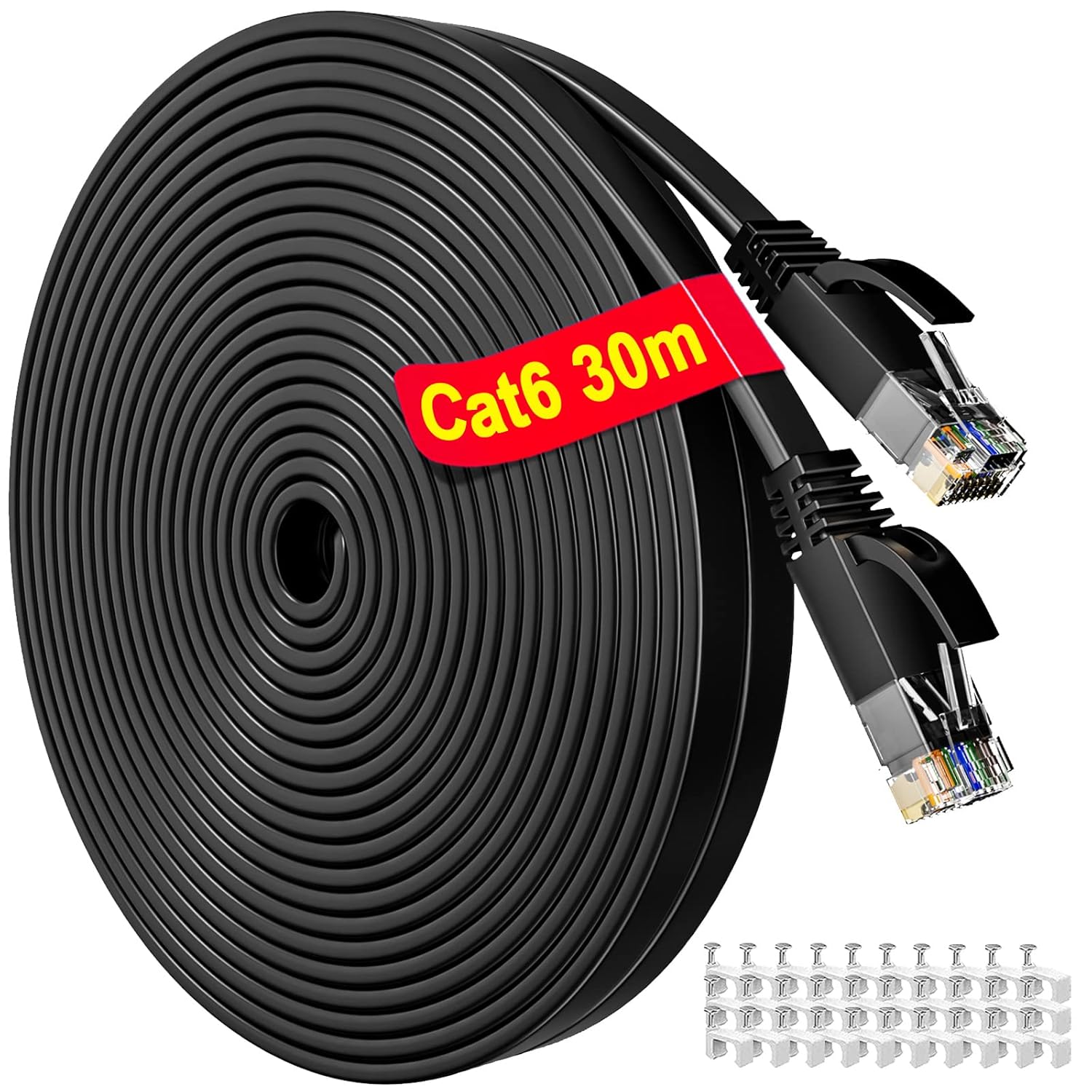 Cable 30m Long Cat 6 Cable Outdoor, Flat Gigabit