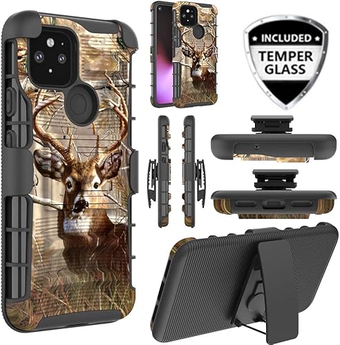 Miniatura 3 de Funda para Google Pixel 5 con protector de pantalla de vidrio templado, resistente a prueba de golpes, funda para cinturón, soporte (negro)