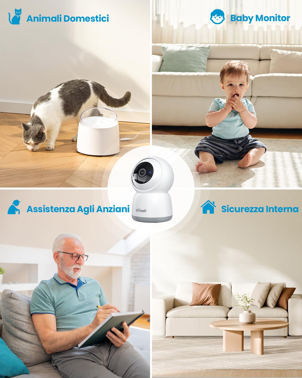 ieGeek 2K Telecamera WiFi Interno 2,4/5GHz, Videocamera Sorveglianza Interne con Tracciamento Automatico e Rotazione a 360°, Registrazione 24/7, Visione Notturna, Audio Bidirezionale, SC1, Bianco/2pcs