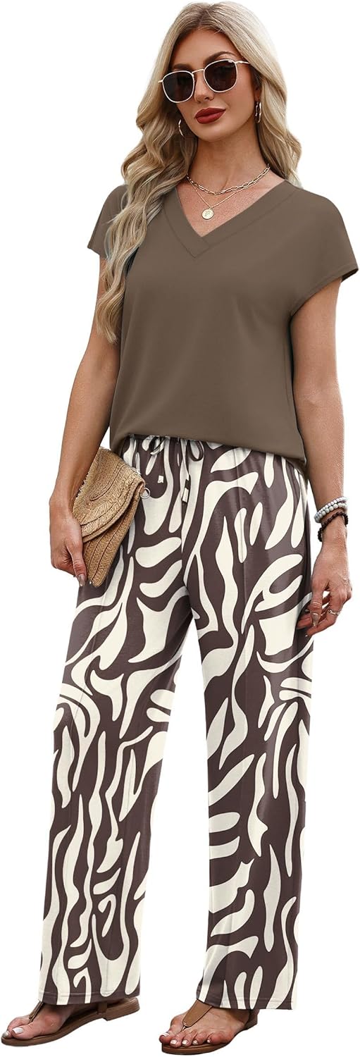 XIEERDUO Women's 2 Piece Sets Summer Beach Vacation Cruise Travel Outfits Printed Wide Leg Pant V Neck Cap Sleeve Tops