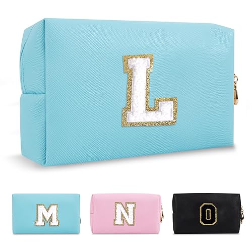 Miniatura 136 de Bolsa de maquillaje personalizada con inicial A-Z Preppy Patch, pequeña bolsa de cosméticos de PU con letra de chenilla y cierre para niñas Negro
