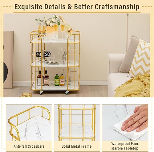 Miniatura 2 de COSTWAY Carrito de barra rodante dorado, carrito de cocina de 3 niveles con marco de acero resistente, parte superior con acabado de mármol y mango