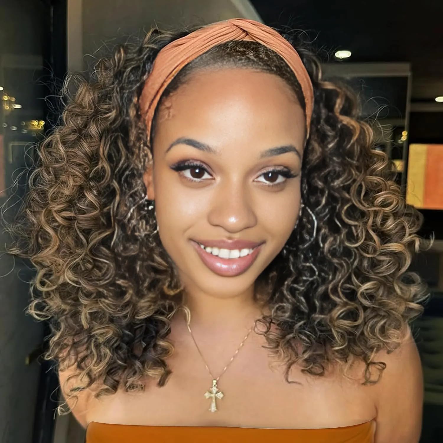 Ombre Blonde Headband Wig 14 Inch Deep Curly Wigs With Headband Glueless 180 Density Pure Protein Close to Human Hair No Lace Wear and Go Curly Wigs for Black Women (#Ombre Blonde)