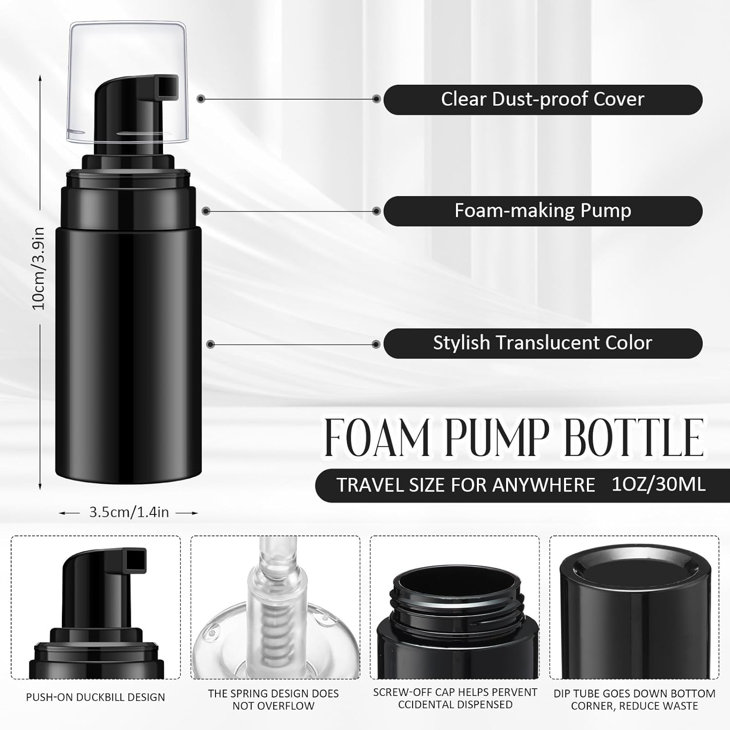 Teenyyou 50 Pcs Foam Pump Bottles 1oz/30ml Plastic Mini Empty Dispenser Refillable Travel Soap Foaming Bottles for Lash Shampoo Hand Soap Cosmetics Portable Travel Pack(Black)