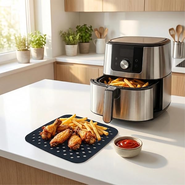 Tappetini in silicone per friggitrice ad aria calda, 2 pezzi, 21,5 cm, tappetini riutilizzabili per friggitrice ad aria calda, carta da forno in silicone forata per friggitrice ad aria calda (nero) - 3
