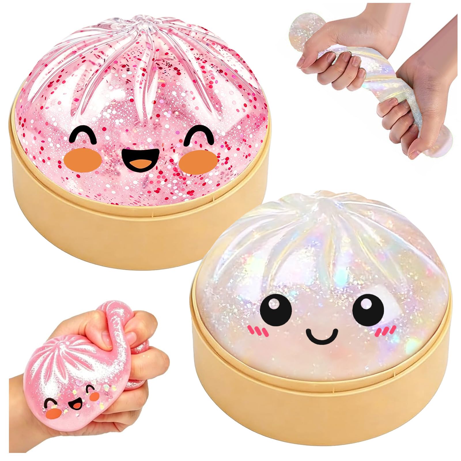 Giant Glitter Toys Dumpling Squishy,2 pcs Dumpling Squishy Stress Balls,Squishy Dumplings Toy with Steamer Box,Soft Squeeze Dumplings Squishys,Cute Soft Glitter Calming for Stress Relief,Boys Girls