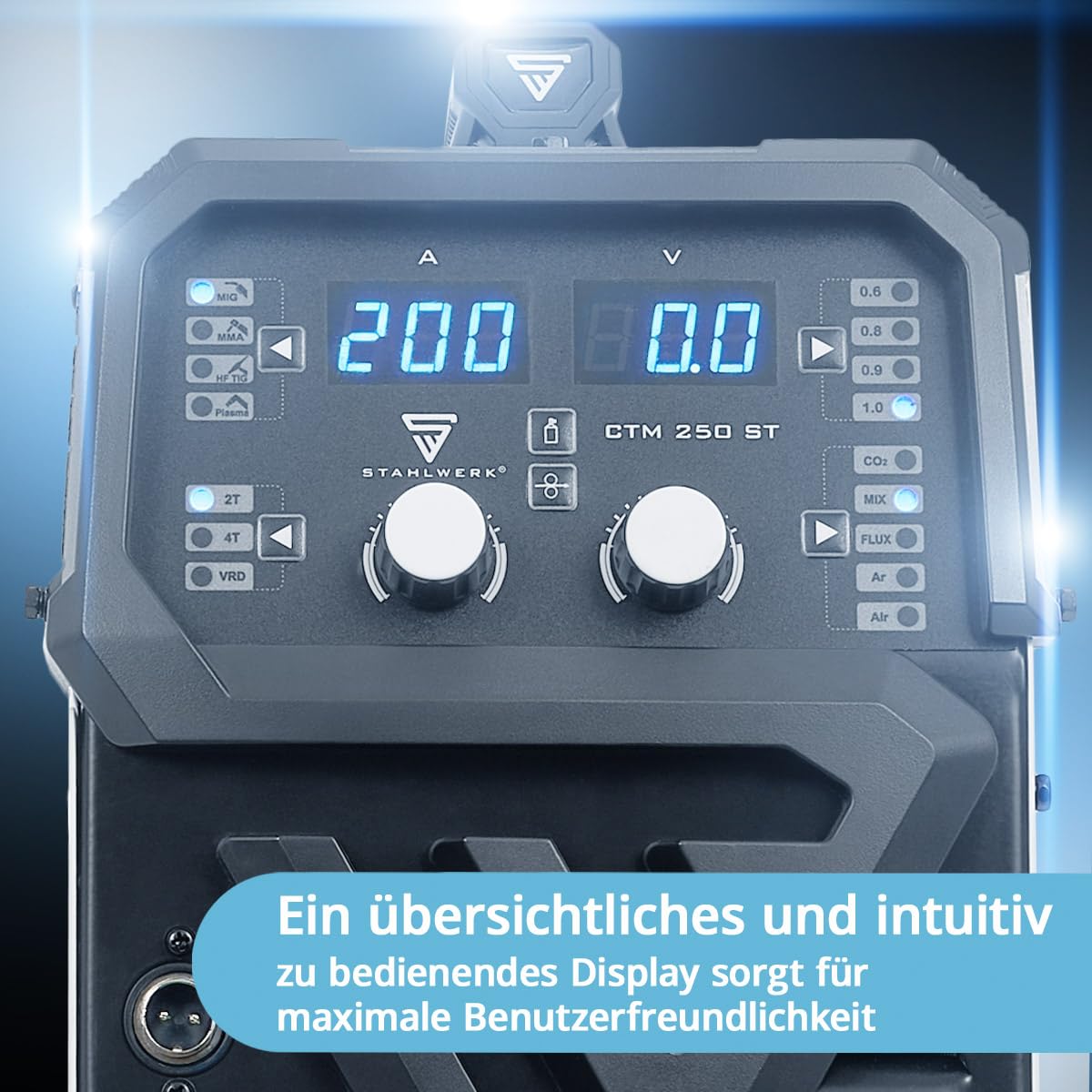 STAHLWERK Schutzgasschweißgerät 4-in-1 Kombi CTM-250 ST – WIG, MIG/MAG, MMA (E-Hand/ARC), FLUX (Fülldraht) bis 200 A, CUT (Plasma) bis 45 A, Schneidleistung bis 14 mm, Parameter einstellbar, IGBT
