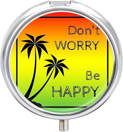 Caja organizadora de pastilleros de hierro con texto en inglés Don't Worry, Be Happy - Caja organizadora con divisores internos de plástico