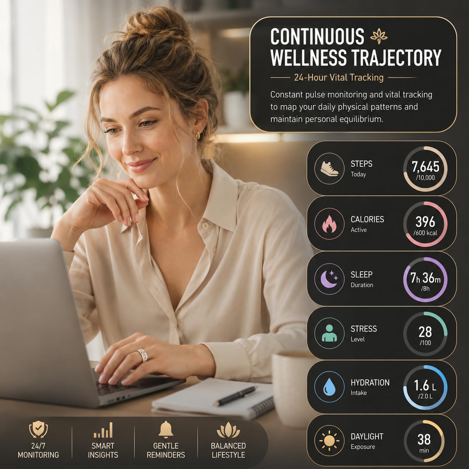 Yihou Anillo inteligente para mujer, anillo de salud con rastreador de fitness esmaltado con monitoreo de frecuencia cardíaca, monitor de sueño, distancia, podómetro, calorías, sin tarifa de