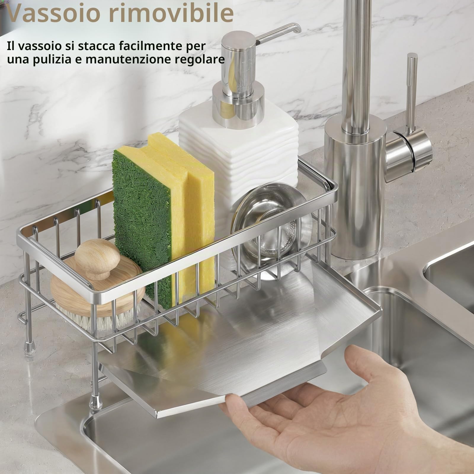 PAVSTINE Porta Spugne Lavello Cucina in 304 Acciaio Inox, Portaspugne per Lavello con Raccogli Gocce Scolapiatti Rimovibile, Portaoggetti Spugne per Cucina Appoggio, Kitchen Organizer Facile da Pulire