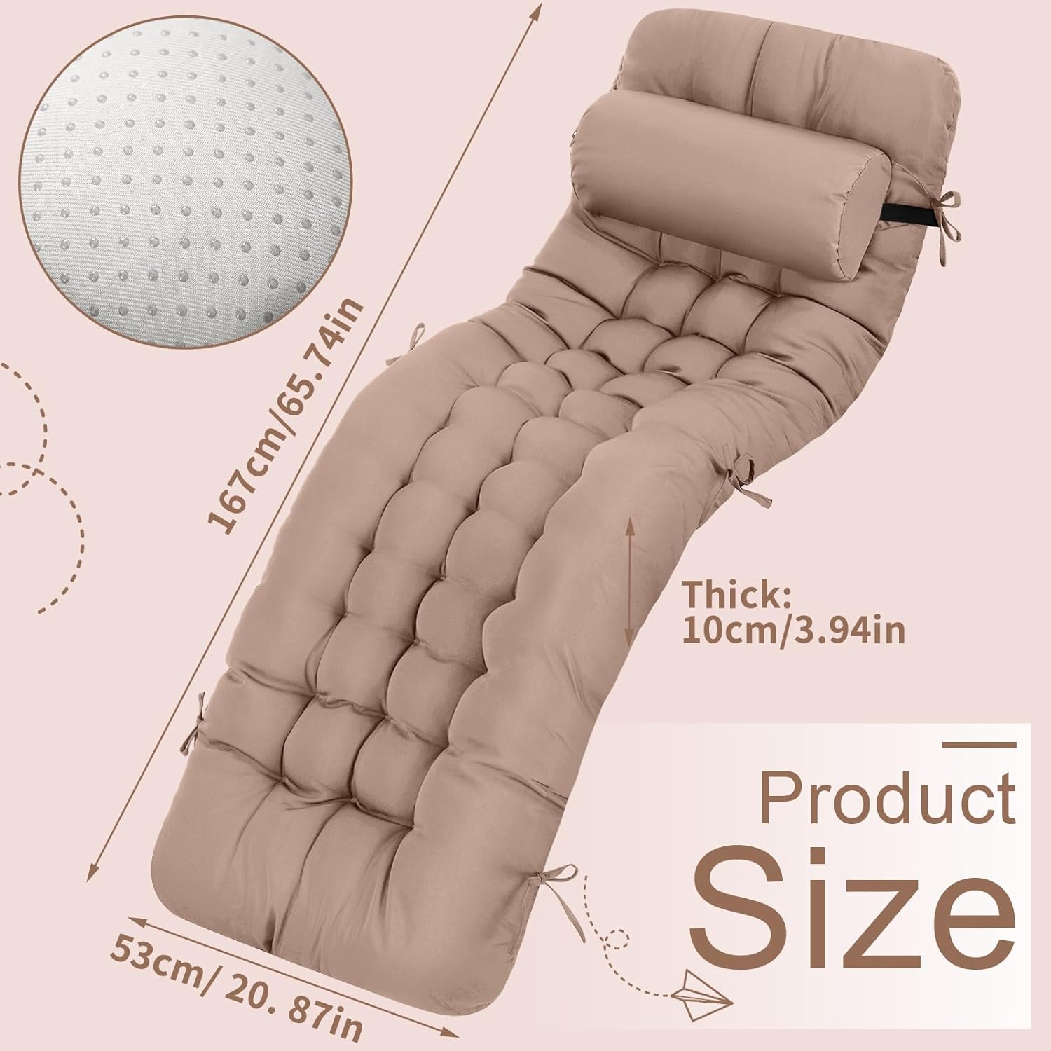 tudomro outdoor chaise lounge cushion 66x21x4'' waterproof & fade-resistant patio pool chaise lounge cushion headrest pillow tie replacement rocking high back chair(taupe,1 pcs) 1 light camel