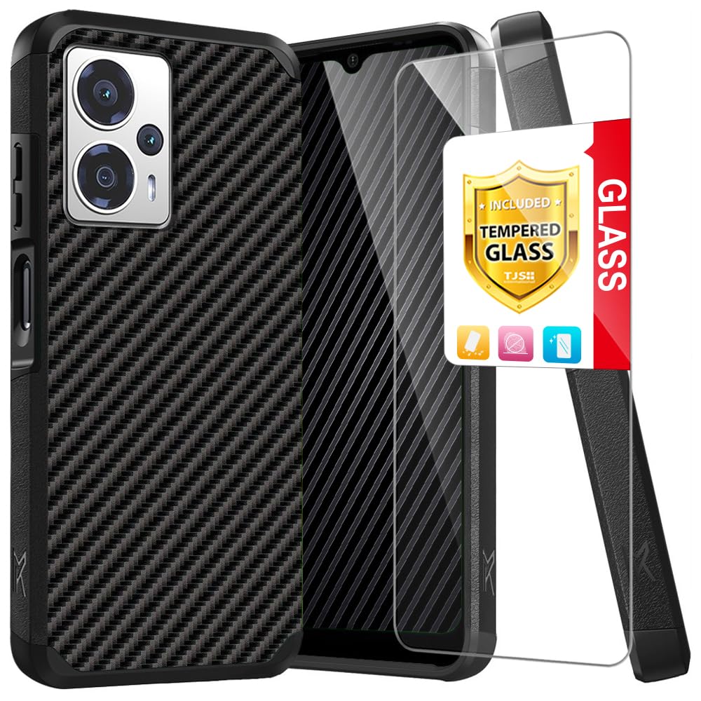 TJSCompatible with Cricket Outlast 5G 2024 Case, AT&T Motivate Pro 5G Case, with Tempered Glass Screen Protector, Dual Layer Hybrid Magnetic Support Shockproof Heavy Duty Phone Case (Carbon Fiber)