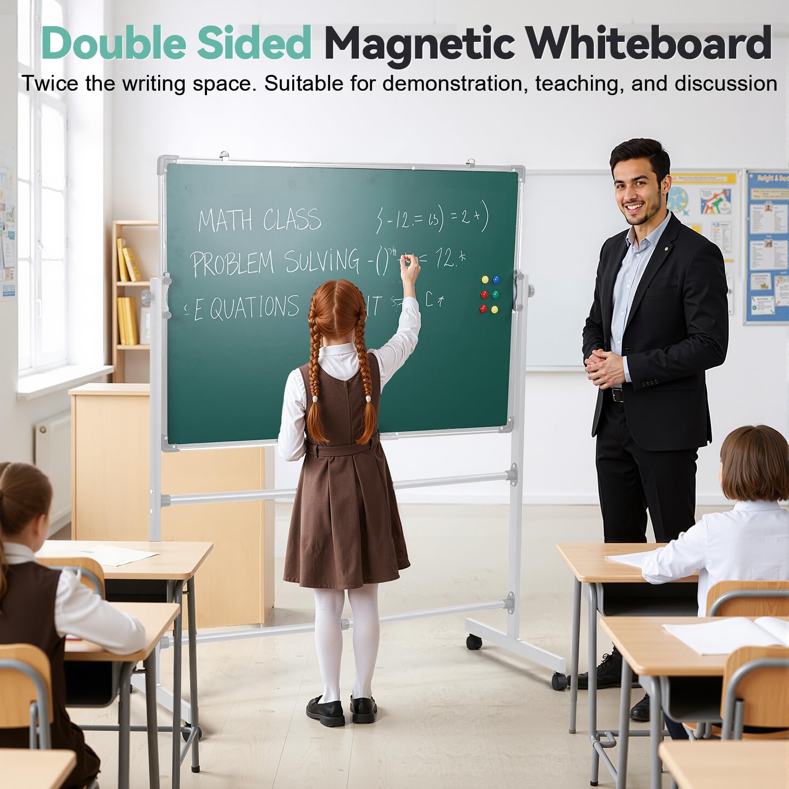 Lavagna bianca mobile su ruote, con supporto, 101 x 71 cm, double-face, reversibile, con cavalletto regolabile in altezza, include 10 pennarelli, 12 magneti, 2 gomme da cancellare, per ufficio e aula
