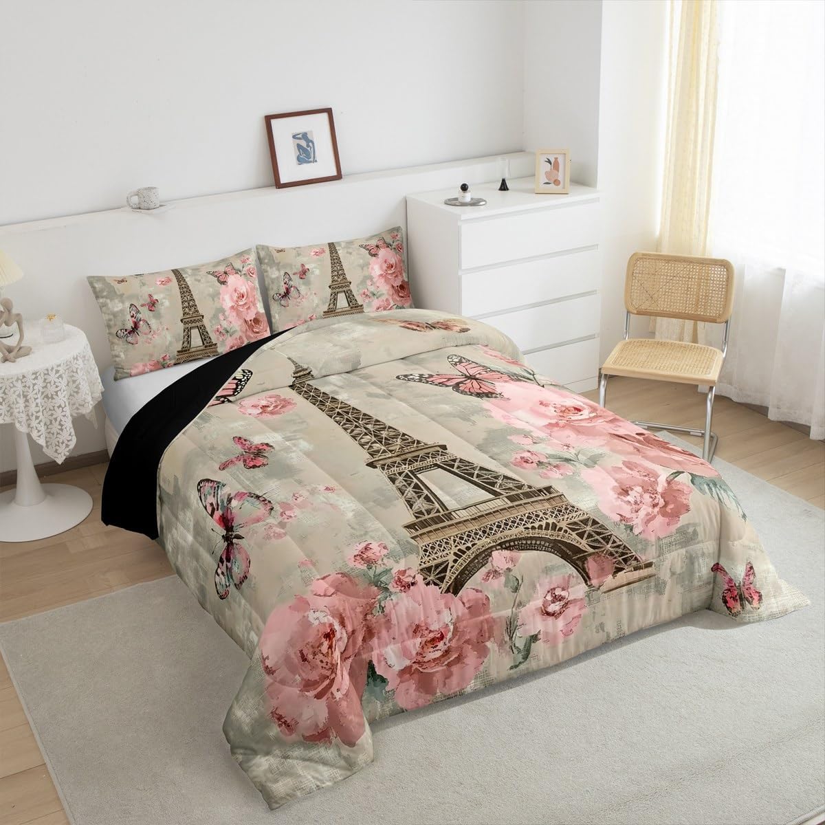 Eiffel Tower Comforter Set Queen Size,Retro Paris Decor Bedding For Adult Teens,Romantic Floral Quilt Home Dorm Decor,Vintage French Effiel Tower Duvet Insert,Butterfly Clock Pattern Down Comforter