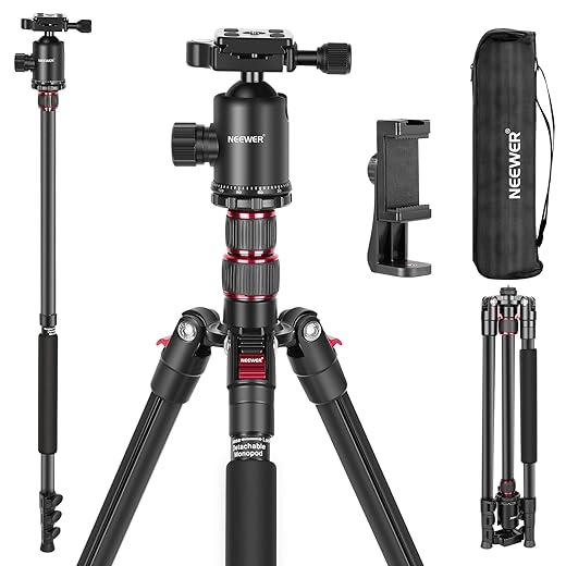NEEWER 77 inch Camera Tripod Monopod for DSLR, Phone with 360° Panoramic Ball Head, 2 Axis Center Column, Arca Type QR Plate, Bag, Compact Aluminum Lightweight Travel Tripod 34lb Max Load, TP77